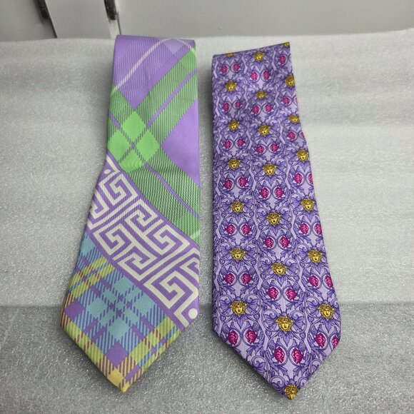 GIANNI VERSACE Vintage 90s Baroque Medusa Head Luxury  Men\'s Vintage - Gianni Versace Silk Tie Lot (2) Medusa Baroque + Plaid